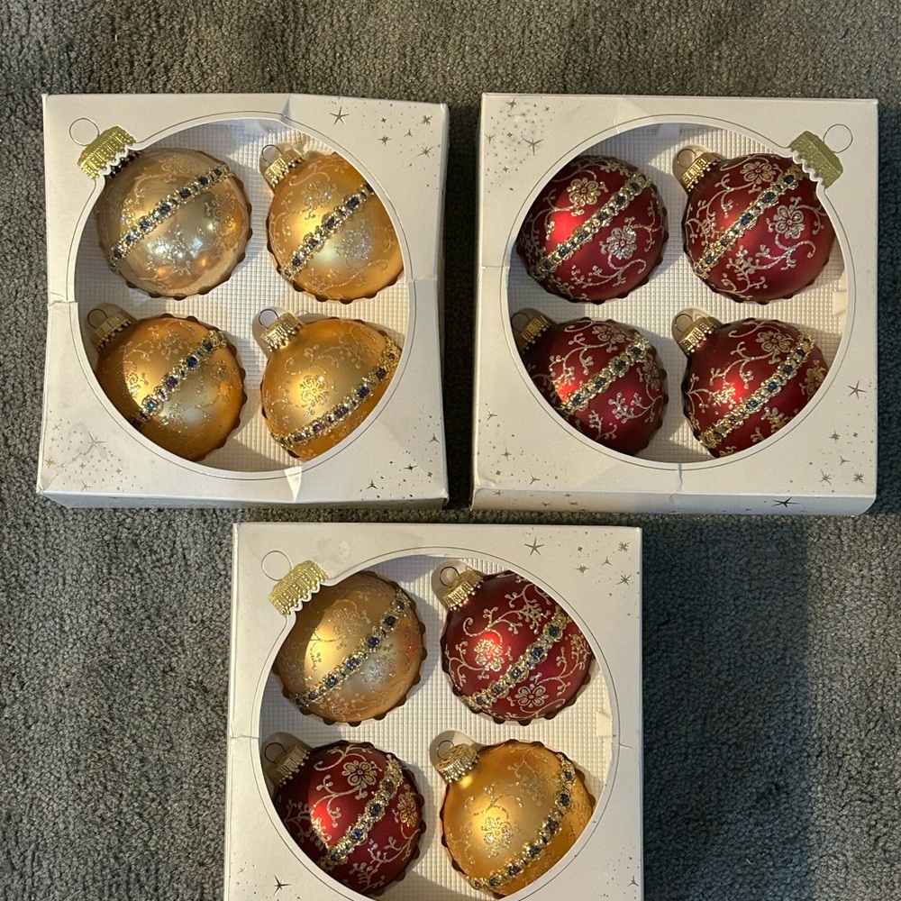 12 Vintage American Classic Glass Ornaments 3 Packs Of 4 Gold & Burgundy Trimmed